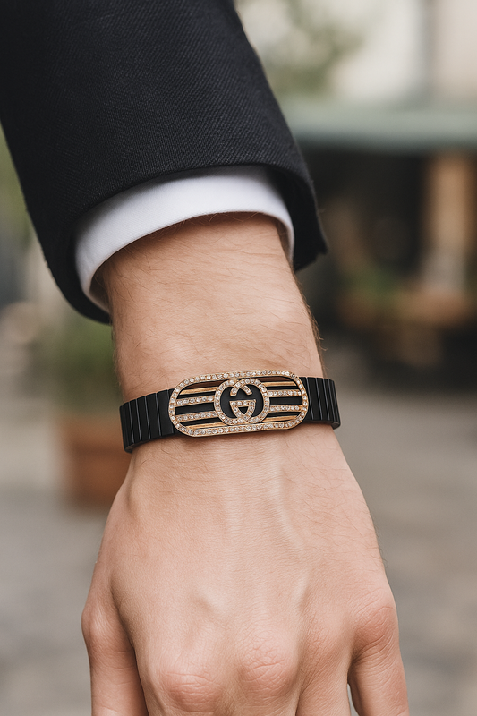 Black Rose Gold Men’s Bracelet with Double Ring Emblem & CZ Oval Frame