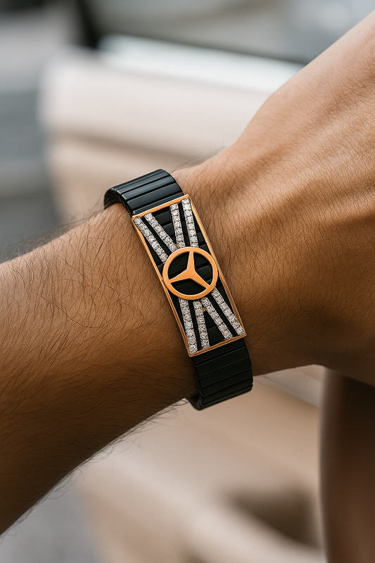 Black Rose Gold Men’s Bracelet with Tri Emblem Plate & CZ Radiant Design