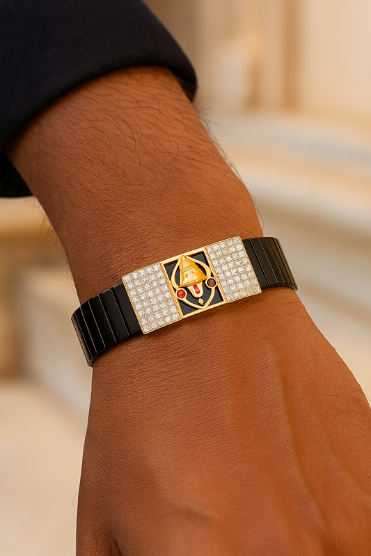 Black Rose Gold Men’s Bracelet with Tirupati Deity Plate & CZ Side Blocks