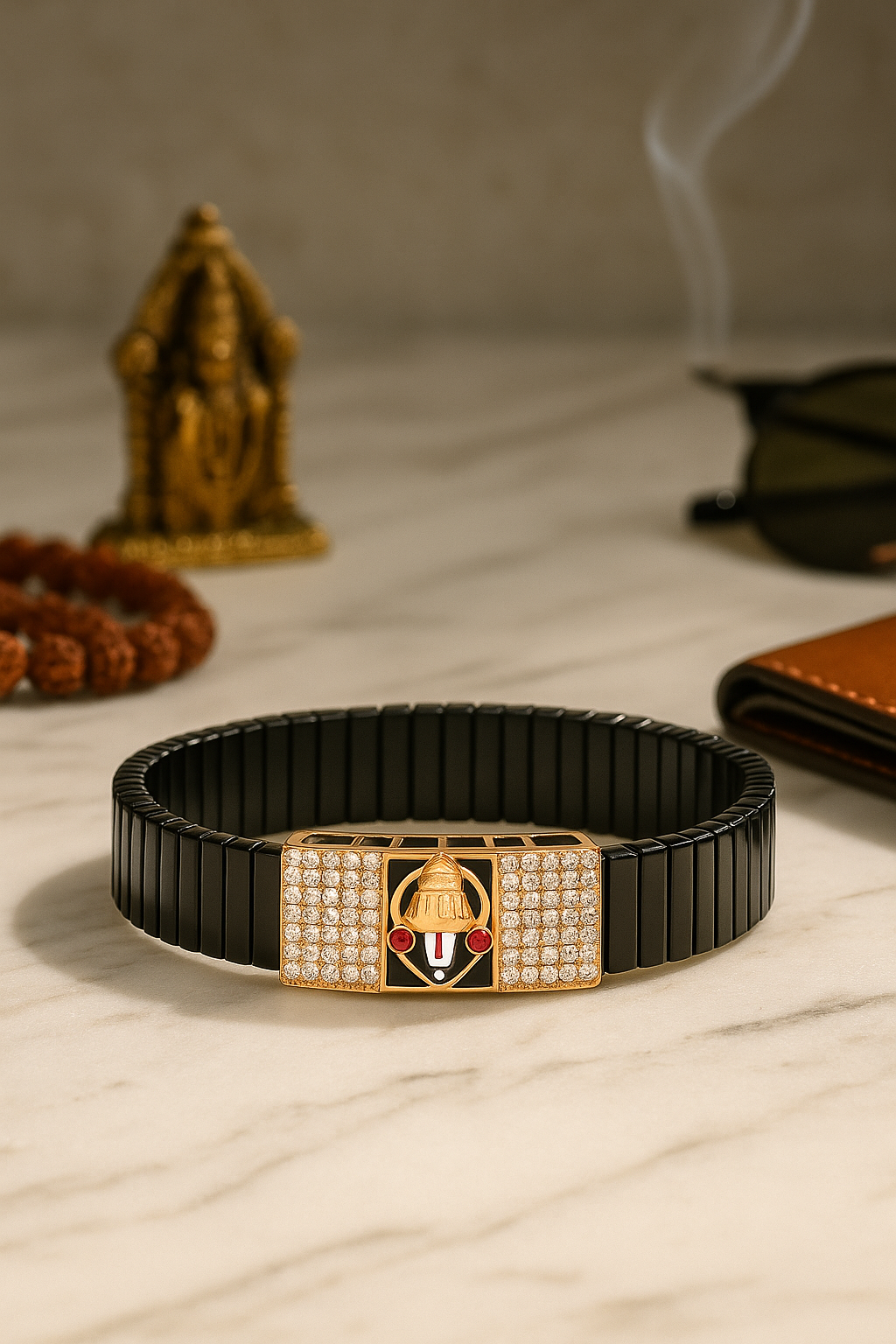 Black Rose Gold Men’s Bracelet with Tirupati Deity Plate & CZ Side Blocks