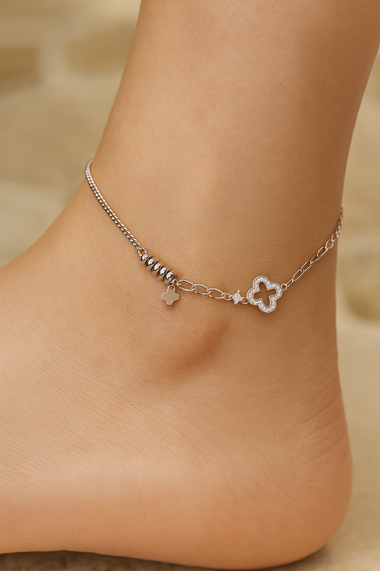 Elegant Silver Clover Charm Anklet for Women & Girls | Minimal Mixed Link Design Adjustable Fashion Anklet