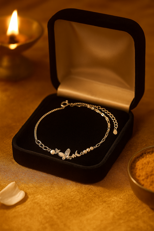 Elegant Silver Butterfly Moon Pearl Charm Anklet for Women & Girls | Mixed Link Designer Adjustable Anklet