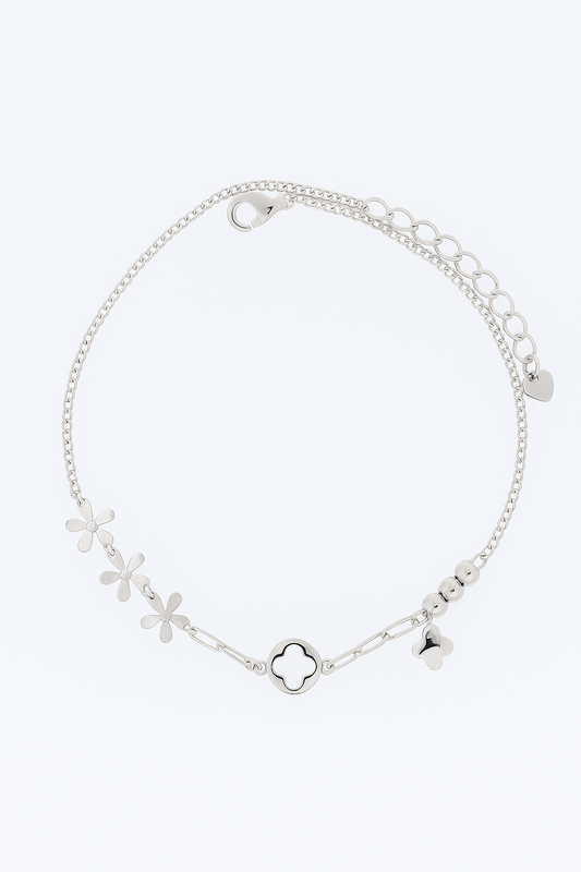Elegant Silver Flower Clover Charm Anklet for Women & Girls | Mixed Link Designer Adjustable Anklet
