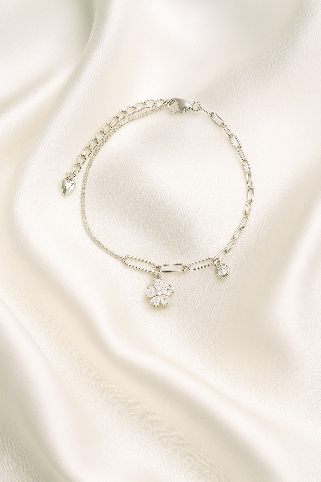 Elegant Silver CZ Flower Pendant Anklet for Women & Girls | Mixed Link Designer Adjustable Ankklet