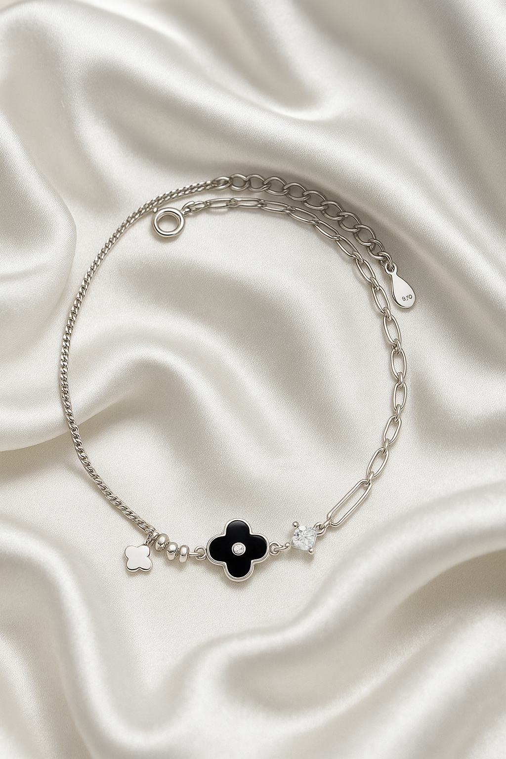 Elegant Silver Black Clover Charm Anklet for Women & Girls | Mixed Link Designer Adjustable Anklet