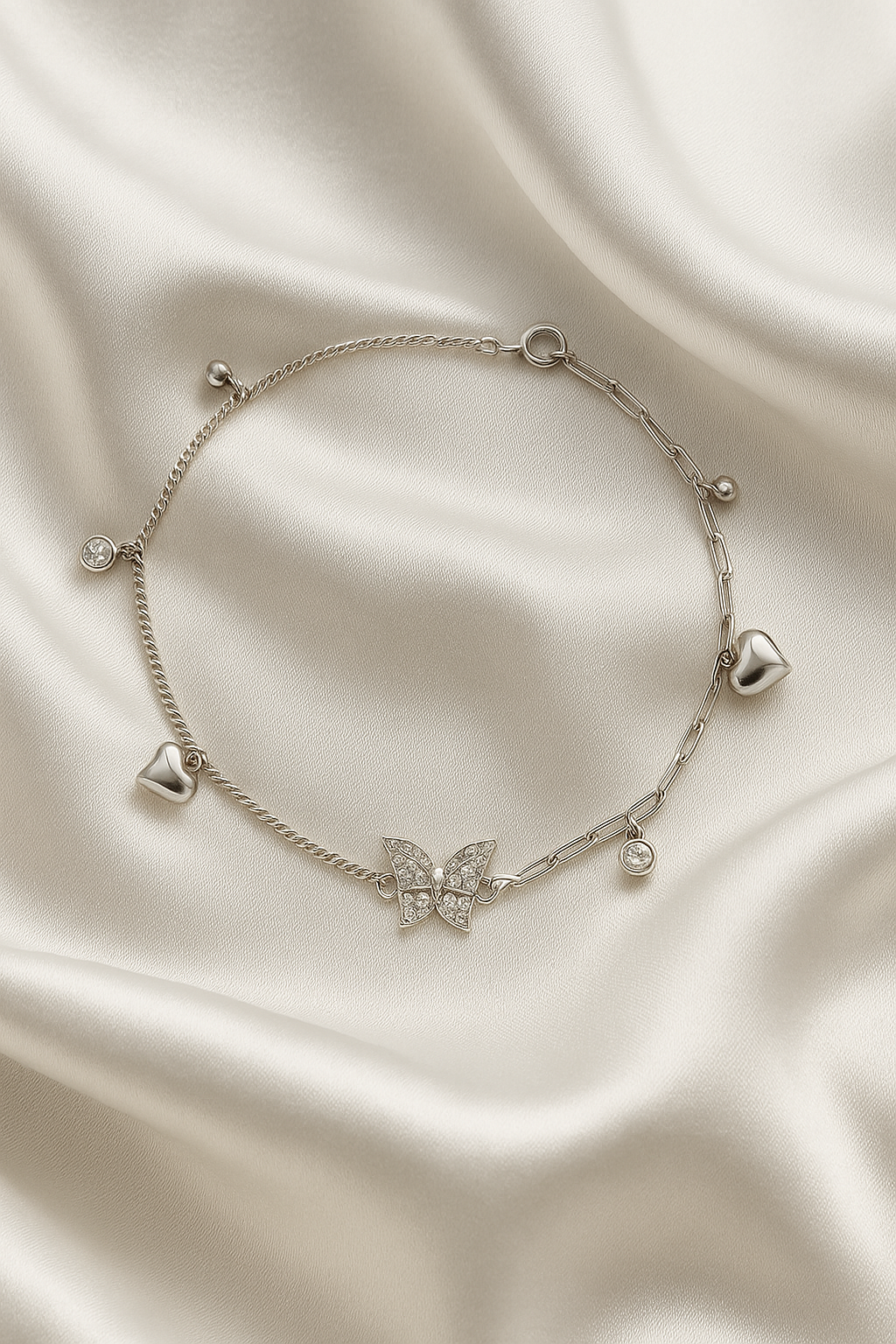Elegant Silver Butterfly Heart Charm Anklet for Women & Girls | Mixed Link CZ Dangling Adjustable Anklet