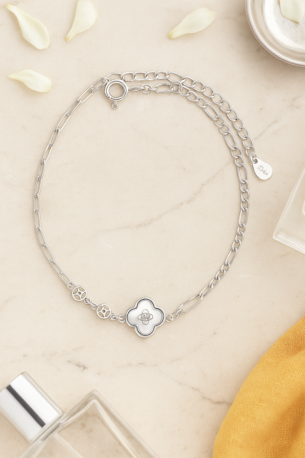 Elegant Silver Clover Charm Anklet for Women & Girls | Mixed Link Designer Adjustable Anklet