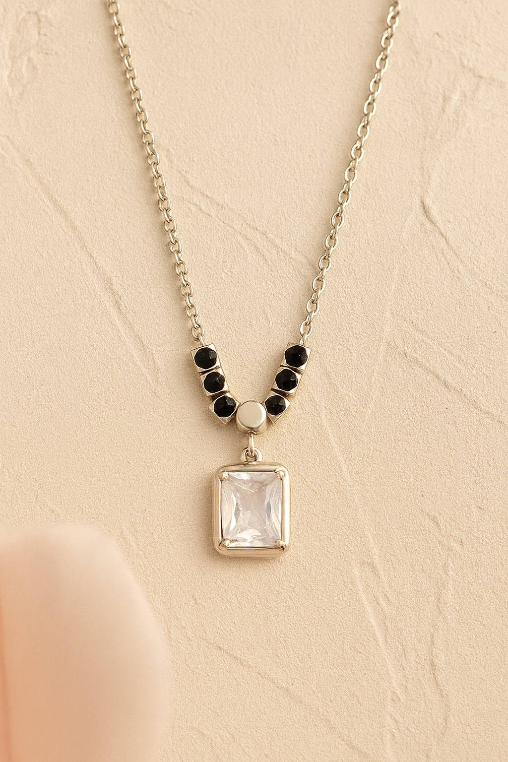 925 Silver Accented Pendant with Royal Emerald-Cut Crystal – Modern Luxe Statement Necklace