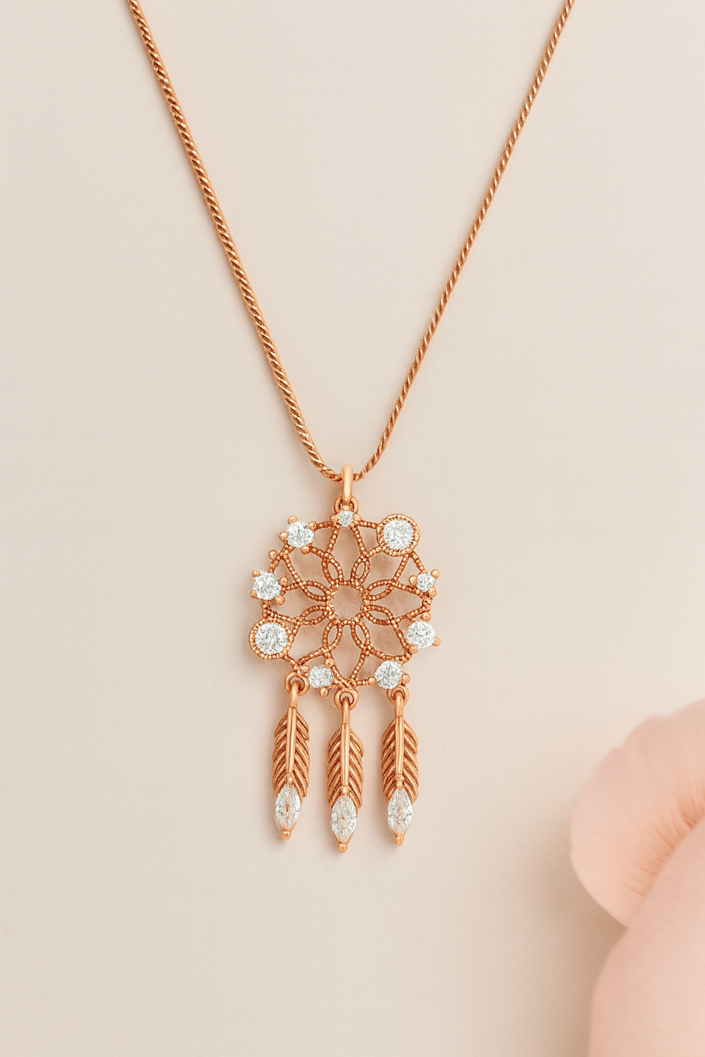 Rose Gold Dreamcatcher Pendant Necklace – Sparkling CZ Feathers, Boho Luxury Statement Piece