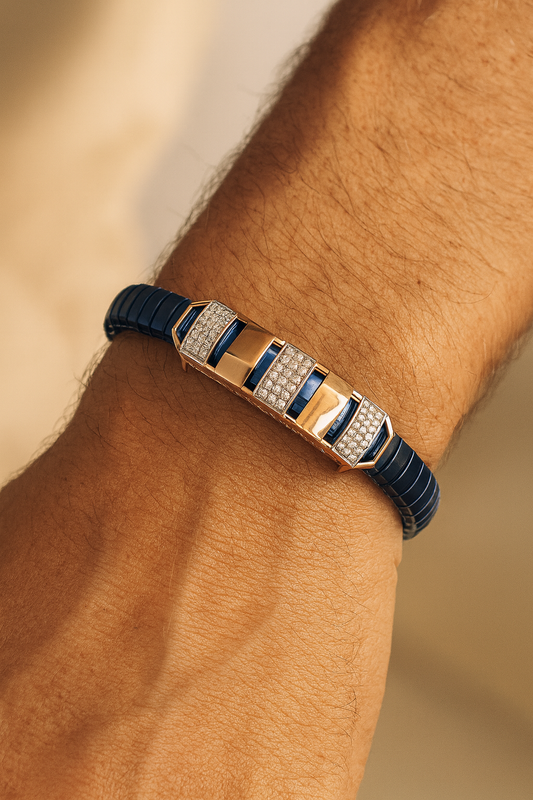Premium Men’s Black & Rose-Gold Stretch Bracelet – Modern Luxury with Diamond-Cut Detailing