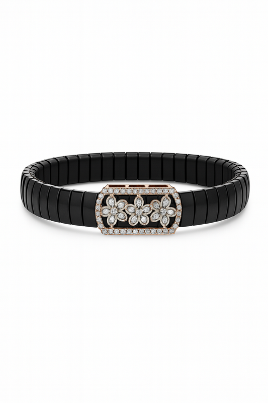 Luxury Floral Gents Bracelet Black & Rose Gold with Diamond Look Flower Panel