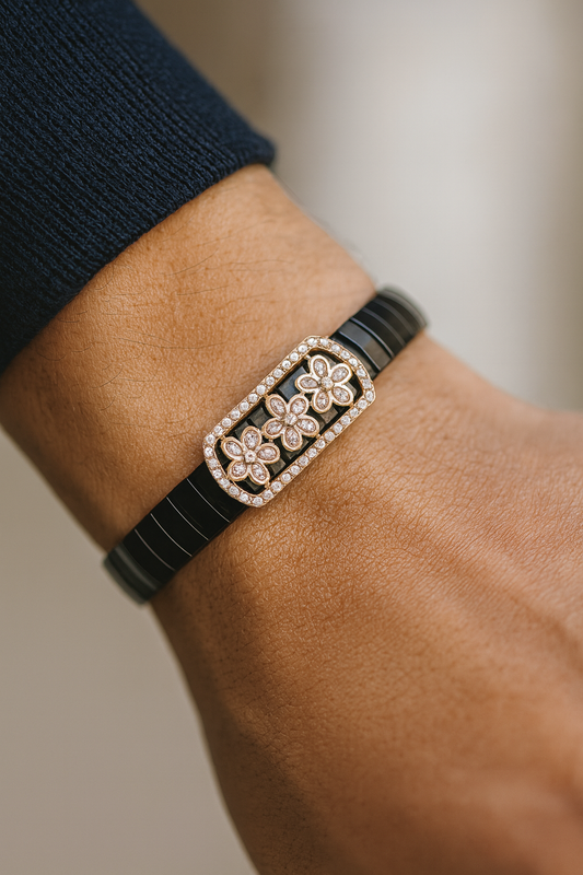 Luxury Floral Gents Bracelet Black & Rose Gold with Diamond Look Flower Panel