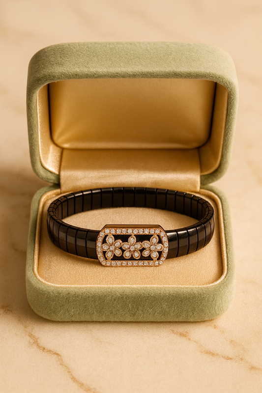 Luxury Floral Gents Bracelet Black & Rose Gold with Diamond Look Flower Panel