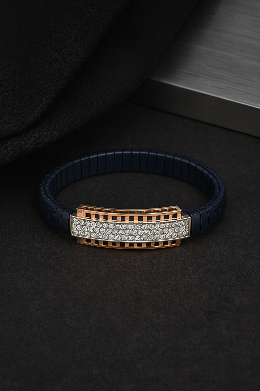 Classic Bar Gents Bracelet Blue & Rose Gold with Full Diamond Look Panel