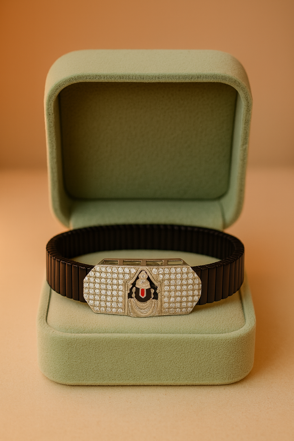 Balaji Temple Gents Bracelet Black & Rose Gold with Diamond Look Panel