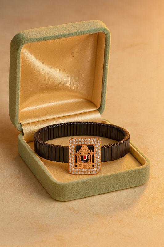 Square Balaji Gents Bracelet Black & Rose Gold with Diamond Look Frame