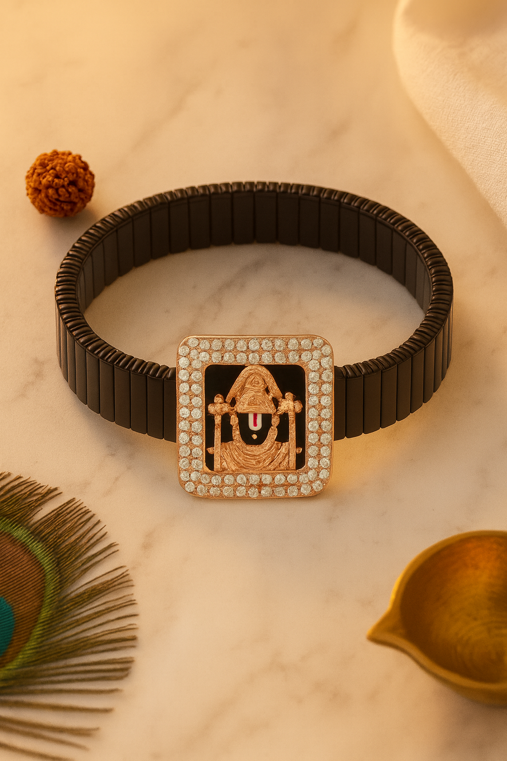 Square Balaji Gents Bracelet Black & Rose Gold with Diamond Look Frame