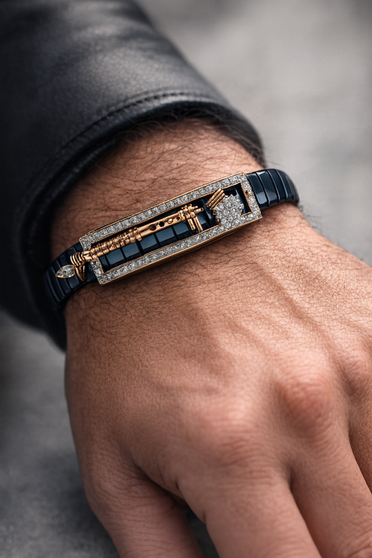Krishna Bansuri Gents Bracelet Black & Rose Gold with Diamond Look Detail