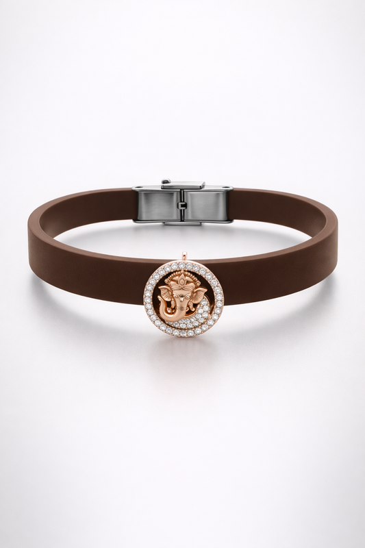 Premium Black Silicone Designer Bracelet with Rose Gold Ganesha & Diamond Circle