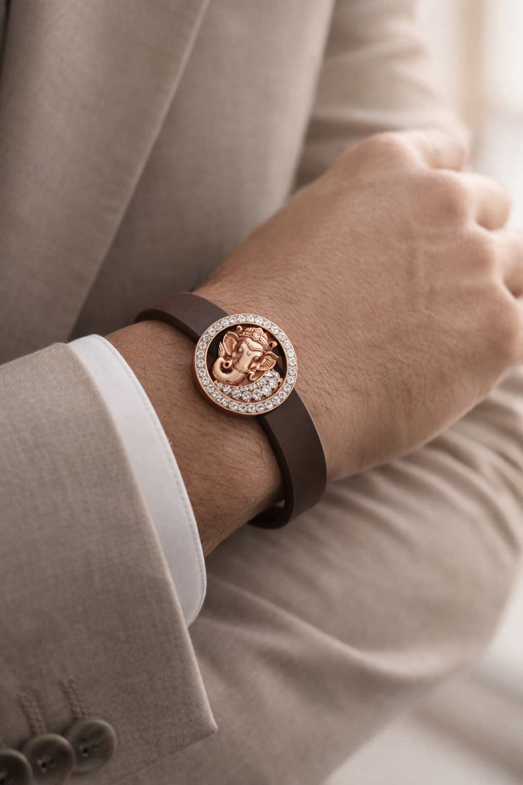 Premium Black Silicone Designer Bracelet with Rose Gold Ganesha & Diamond Circle