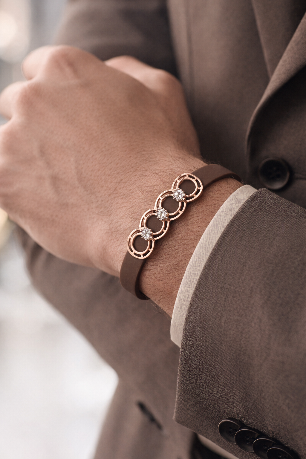 Premium Brown Silicone Designer Bracelet with Rose Gold Circle Diamond Motif