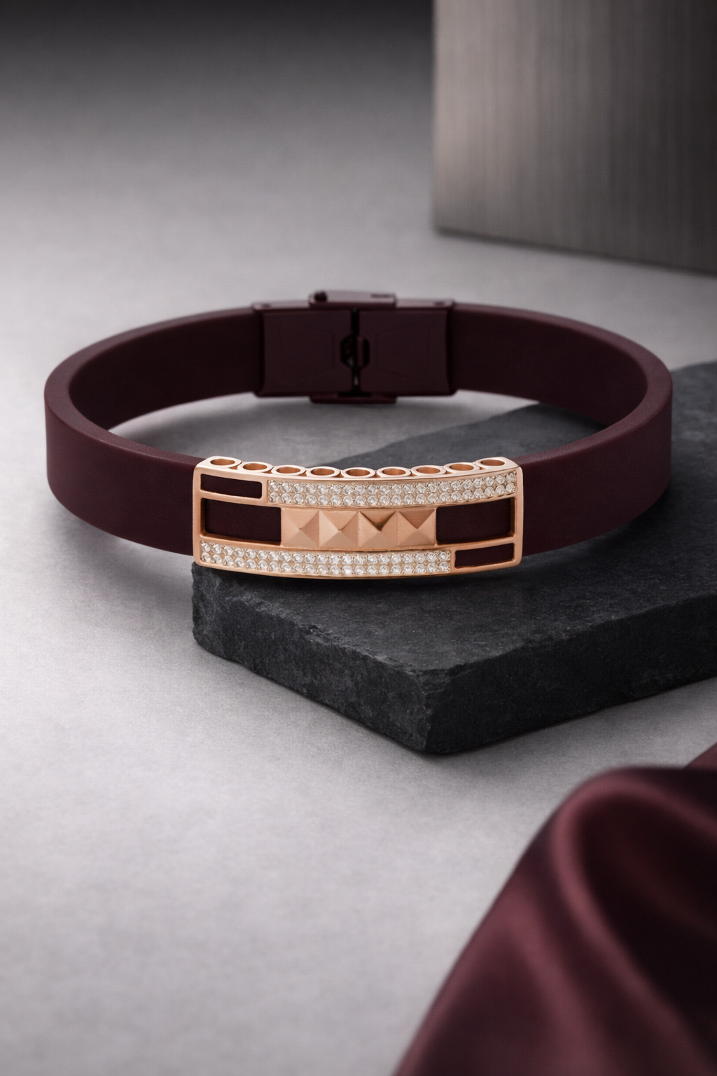 Premium Maroon Silicone Designer Bracelet with Rose Gold Pave Diamond Accent