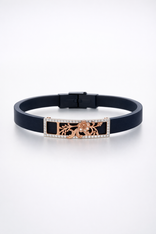 Designer Black Silicone Bracelet with Rose Gold Floral Charm & Diamond Frame