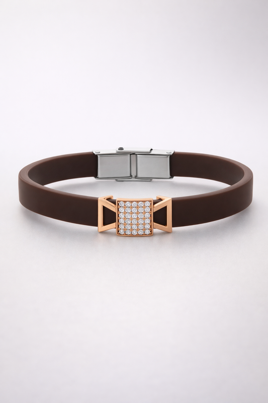 Modern Designer Black Silicon Bracelet with Rose Gold Diamond Detailing
