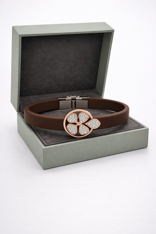 Elegant Brown Silicon Bracelet with Rose Gold Clover & Diamond Accents