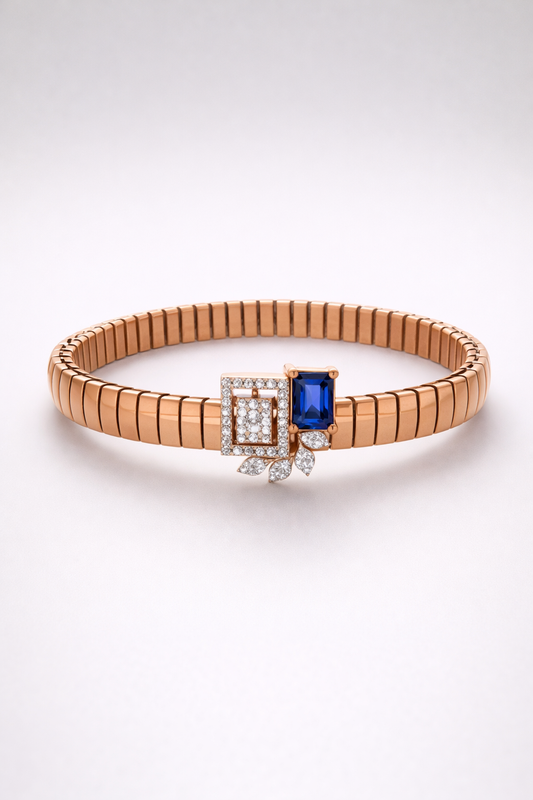 Premium Blue Enamel Stretch Bracelet with Emerald Cut Green Gem & Diamond Finish