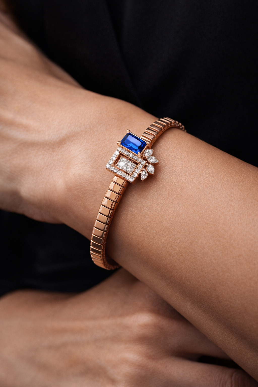 Premium Blue Enamel Stretch Bracelet with Emerald Cut Green Gem & Diamond Finish