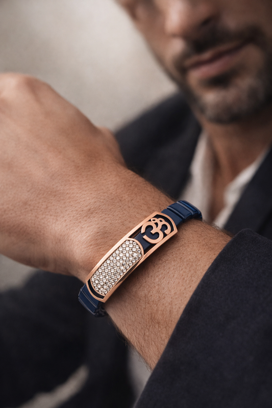 Sacred Om Lumière Bracelet in Deep Blue Enamel, Rose Gold & Diamond Pavé