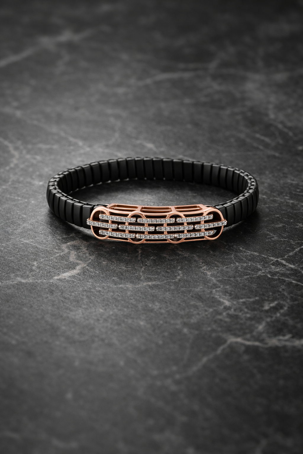 Noir Radiance Rail Bracelet in Black Enamel, Rose Gold & Diamond Pavé
