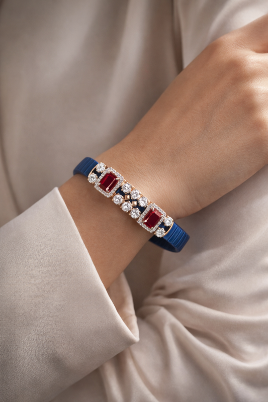 Imperial Ruby Symphony Bracelet in Blue Stretchable Belt & Rose Gold