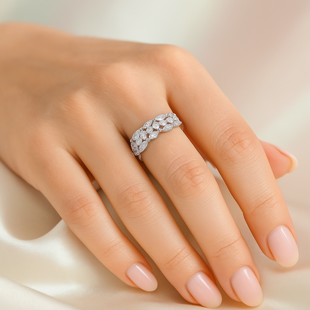 Sparkling Cluster Silver Band Ring with Marquise Stones