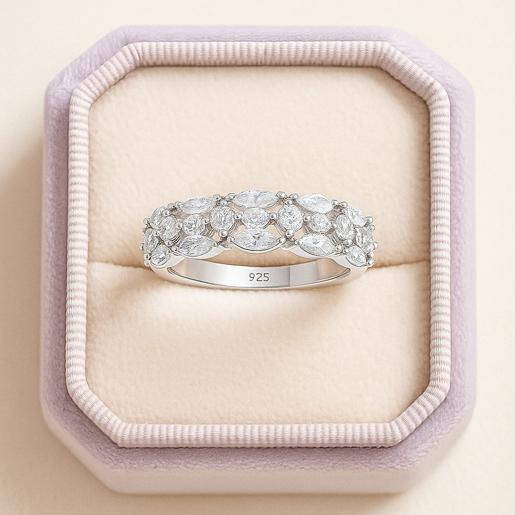 Sparkling Cluster Silver Band Ring with Marquise Stones