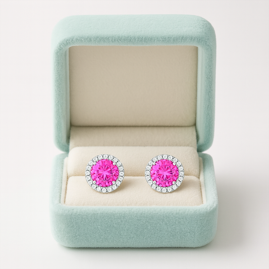 Pink Halo Round Stud Earrings for Women | Sparkling CZ Stone with Diamond-Cut Halo | Daily Wear Elegant Earrings