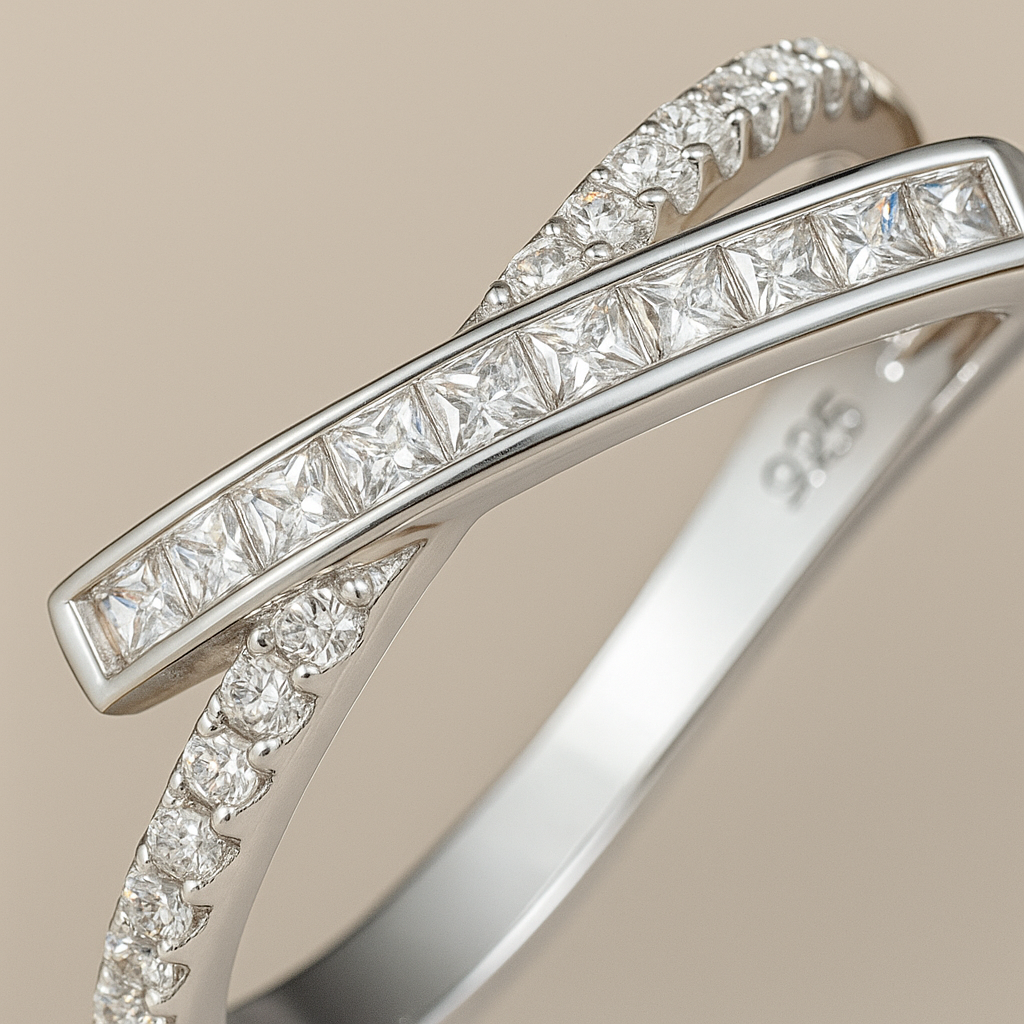 Elegant Crossover Design 925 Silver Band Ring with Sparkling Stones