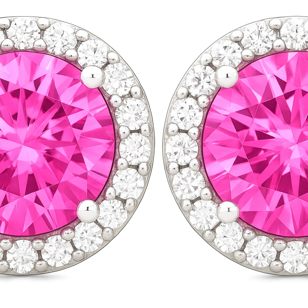 Pink Halo Round Stud Earrings for Women | Sparkling CZ Stone with Diamond-Cut Halo | Daily Wear Elegant Earrings