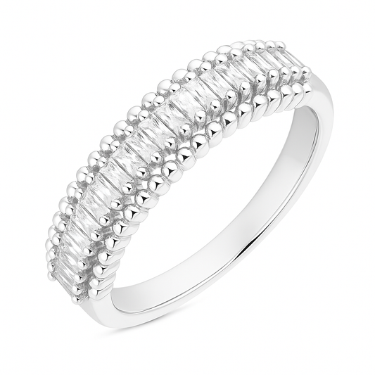 Classic Beaded Edge 925 Silver Ring with Baguette Zircon Stones