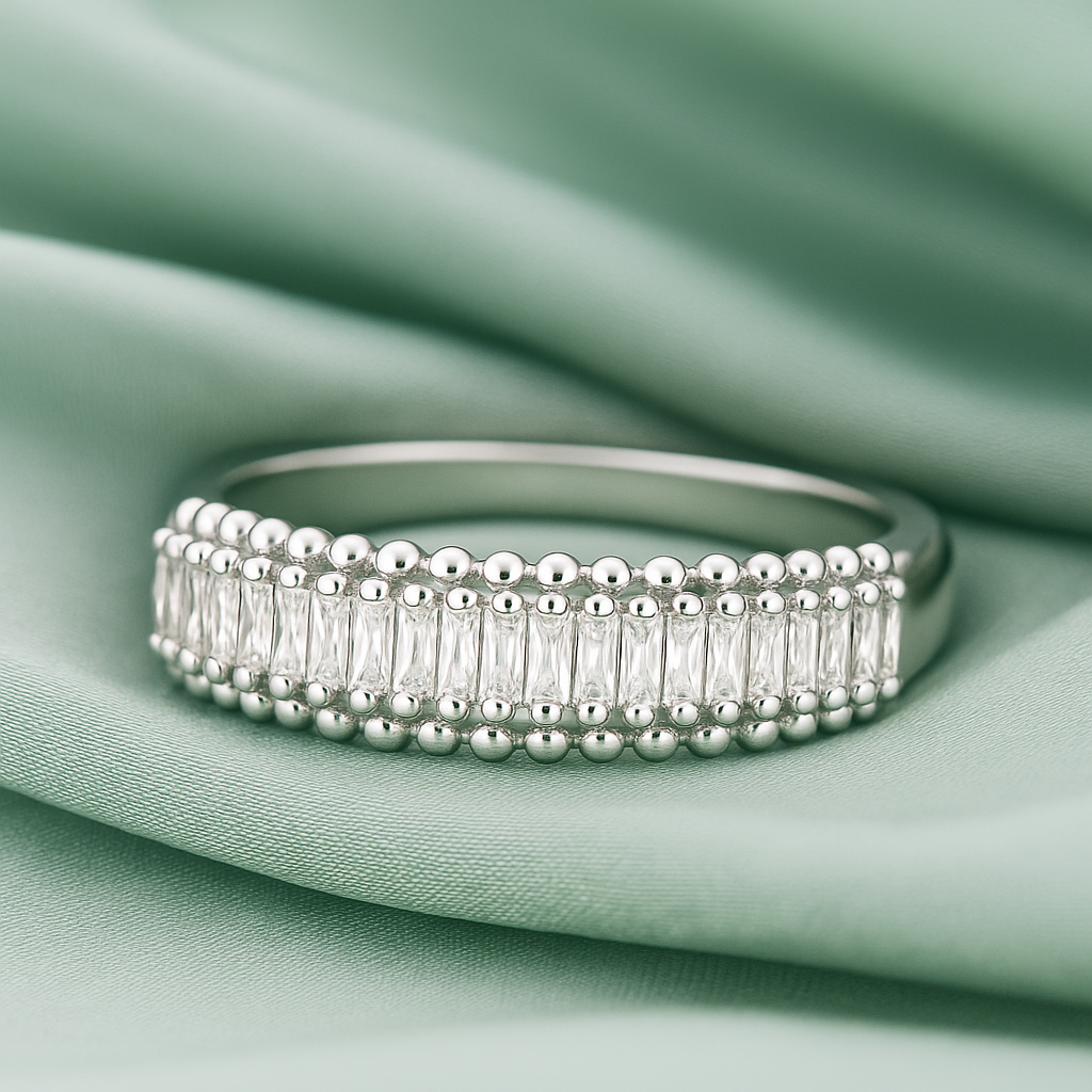 Classic Beaded Edge 925 Silver Ring with Baguette Zircon Stones