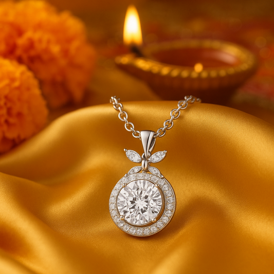 925 Silver Round Halo Pendant Necklace for Women – Leaf Accent CZ Stone Chain Design