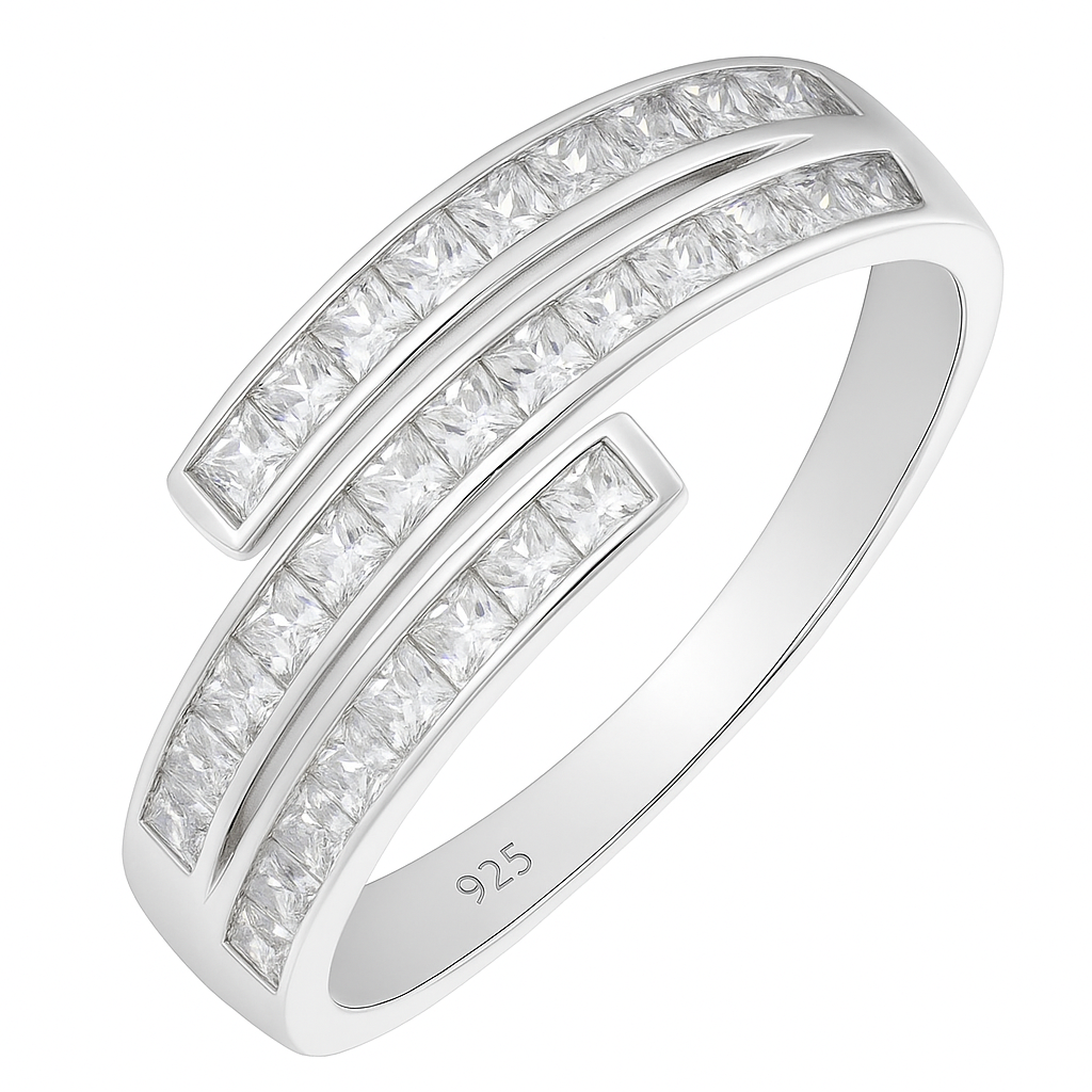 Double Row Cuff Style 925 Silver Zircon Band Ring