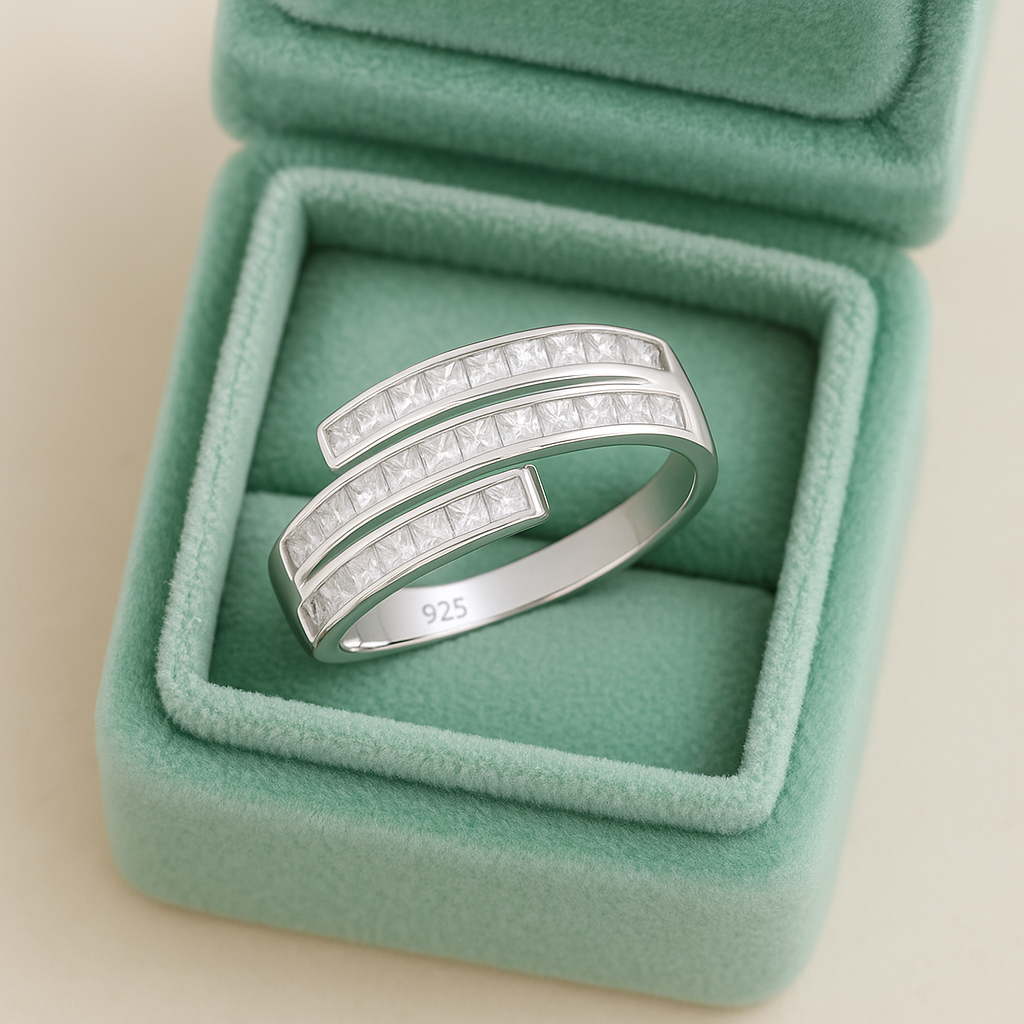 Double Row Cuff Style 925 Silver Zircon Band Ring