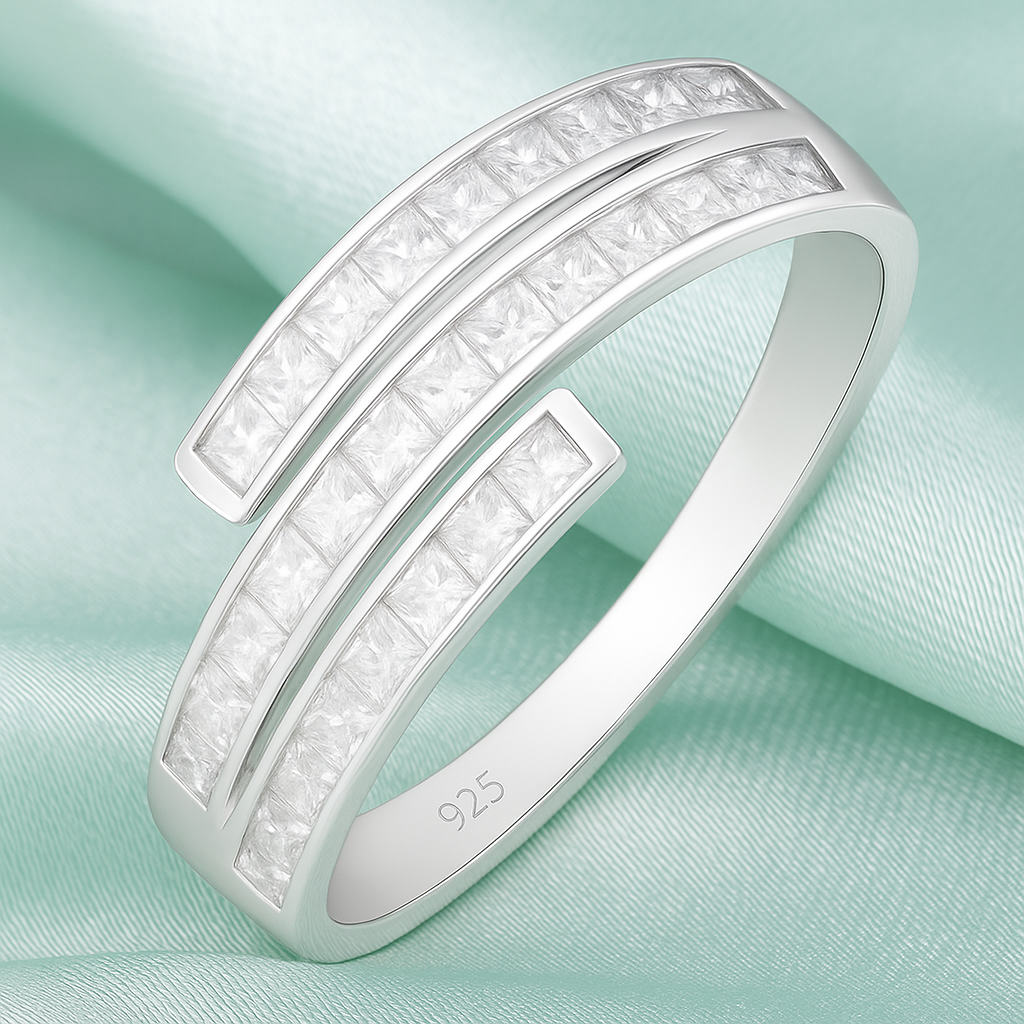 Double Row Cuff Style 925 Silver Zircon Band Ring