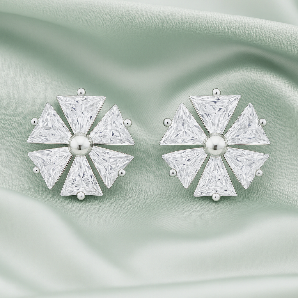 925 Silver Triangle Petal Floral Stud Earrings for Women