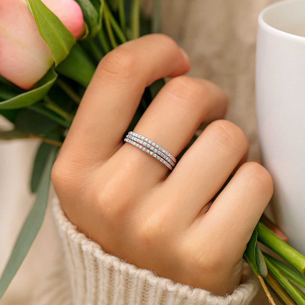 Triple Row Elegant 925 Silver Band Ring with Zircon Detailing