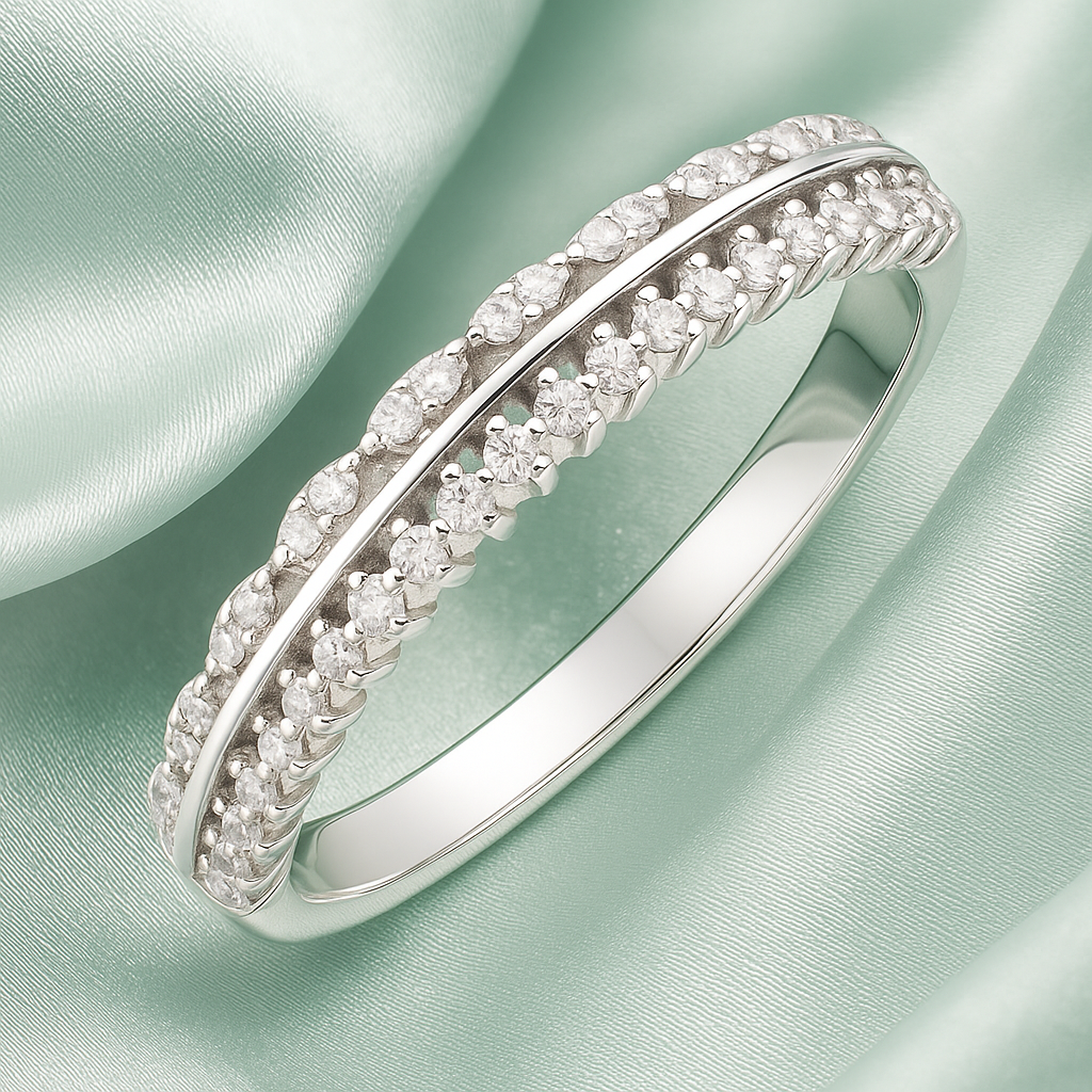 Stylish Leaf Pattern 925 Silver Band Ring with Zircon Stones