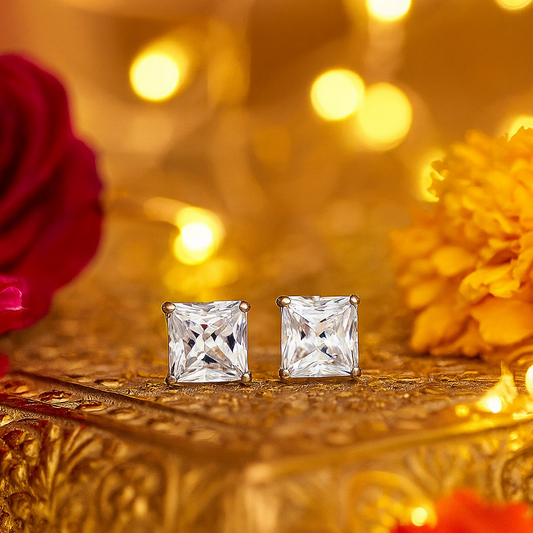 Princess-Cut Sparkling Solitaire Stud Earrings for Women | Elegant Daily Wear CZ Studs