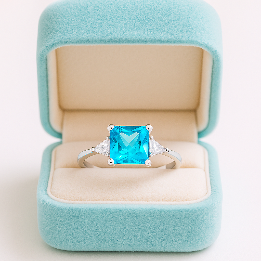 Blue Princess Cut Ring with Sparkling Side Stones